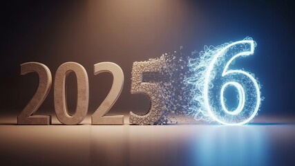 Futuristic numbers 2025, number 5 transforming into glowing number 6  
