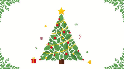 Festive Green Christmas Tree with Ornaments, Gift Box, and Star Topper on a White Background Surrounded by Foliage Garland