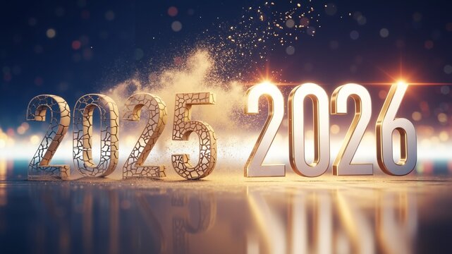 New Year transition from 2025 to 2026 with sparkling background  