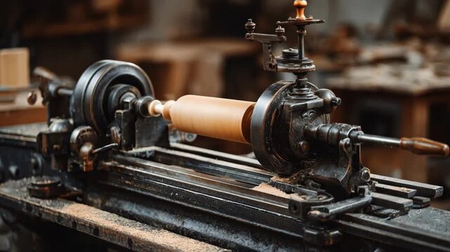Medium shot of a classic cast iron woodworking lathe with robust construction smoothly spinning a wooden spindle in a traditional workshop setting.