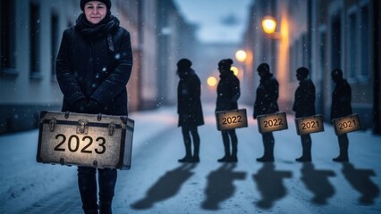 Woman walks into 2023 carrying baggage of the past years, a concept on new beginnings, reflection, and hope in the face of adversity during snowy winter time