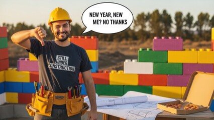 Funny builder gives thumbs down to new year resolutions, preferring pizza and colorful blocks in a whimsical construction scene outdoors