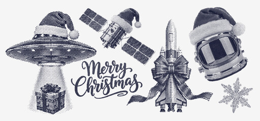 Obraz premium Christmas in Space: Festive Holiday collection, UFO, astronaut helmet, and rocket ship, satellite, retro halftone style set