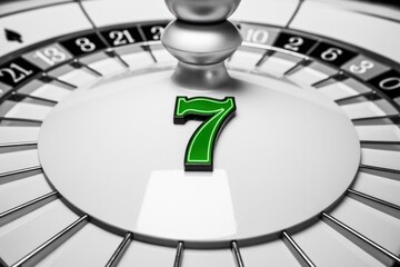A close-up of a sleek roulette wheel prominently displays a bold green number seven at its center, symbolizing luck and casino gambling excitement.