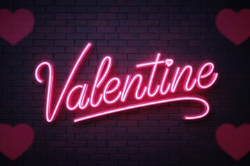 Obraz premium A vibrant pink neon 'Valentine' sign glows against a dark brick wall, adorned with subtle heart accents, perfect for celebrating love and romance.