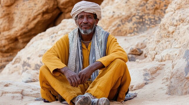 Berber man in traditional tuareg clothes sitting on sand against desert morocco. Tuareg sit in the Sahara desert, North Africa