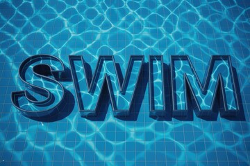 3D 'SWIM' letters are partially submerged in a vibrant blue tiled pool, reflecting shimmering water ripples and light patterns.