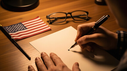 Veterans Day concept with hands writing a thank you letter on a desk