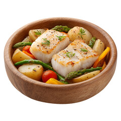 Baked cod with vegetables isolated on transparent background