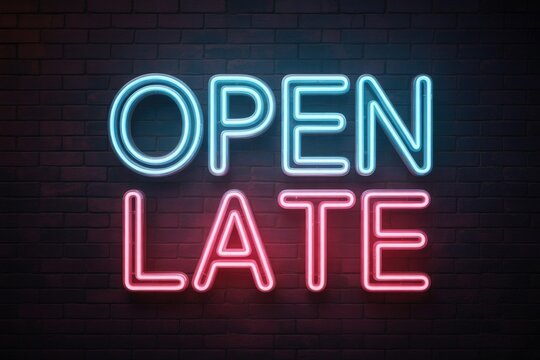 A vivid blue 'OPEN' and pink 'LATE' neon sign illuminating a dark brick wall, signaling extended business hours.