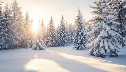 A peaceful winter landscape with pine trees dusted with fresh snow.