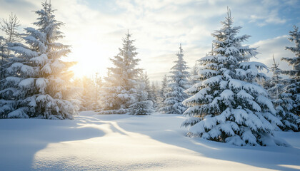 Obraz premium A peaceful winter landscape with pine trees dusted with fresh snow.