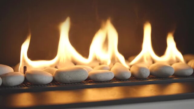 Close-up of a modern fireplace with white decorative stones where flames gracefully ignite and grow