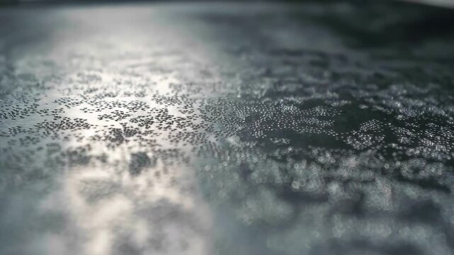 Medium shot of shallow chemical etching on a metal sheet highlighting delicate surface engraving with fine detail in a controlled factory environment.