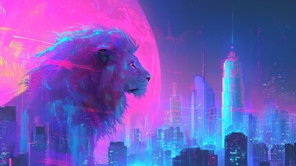 A majestic neon lion overlooking a futuristic cyberpunk city. Vibrant synthwave digital art illustration with a glowing pink planet and city skyline at night
