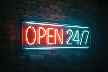 A bright neon sign proclaims 'OPEN 24/7' in striking red and blue on a dark brick wall, indicating round-the-clock service.
