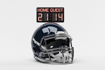 An American football helmet sits below a digital scoreboard displaying "Home 21 Guest 14", against a clean white background.