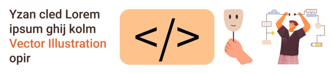 Software development, creative thinking, programming, digital innovation, user interface design, conceptual coding. Code brackets with human elements and flowchart illustration. Programming