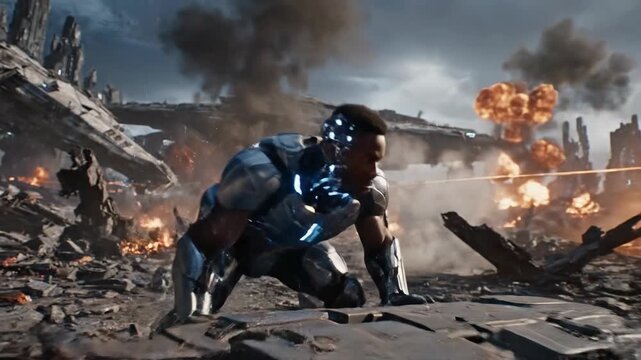 Powerful figure running through explosion debris and futuristic structure background