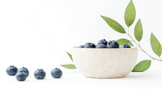 Close-up of fresh blueberries in a bowl with green leaves on a white background. Healthy eating concept.