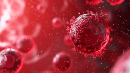 Detailed 3D illustration of a coronavirus cell. Microscopic view of the COVID-19 pathogen causing a global pandemic. Red medical background for science and healthcare concepts