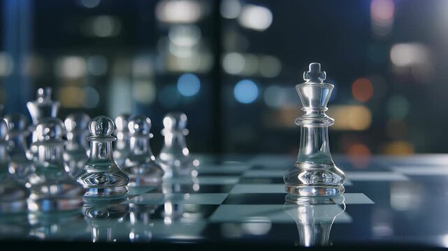 Hand Moving a Glass King Chess Piece on a Reflective Board with City Bokeh, Symbolizing Strategic Business Leadership and Decision Making.