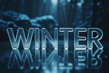 Glistening, icy letters spell 'WINTER,' adorned with water droplets, reflecting on a dark, wet surface against a cool blue, blurred backdrop.