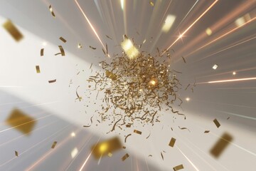 A vibrant explosion of golden confetti and streamers bursts dynamically, illuminated by dazzling light streaks and sparkling effects, capturing a festive celebration.