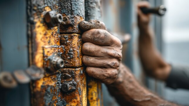 Hand Gripping Rusty Metal Structure with Industrial Background and Focus on Texture