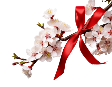 Cherry blossom branch with festive red ribbon, white background - Powered by Adobe