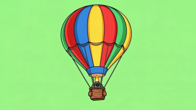 Hot air balloon moving left, floating high on a green screen. Travel and journey cartoon motion graphic for chromakey background.
