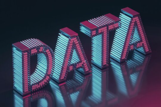 Futuristic 3D rendering of the word 'DATA' in glowing blue and pink hues, reflecting on a dark, polished surface, symbolizing digital information.