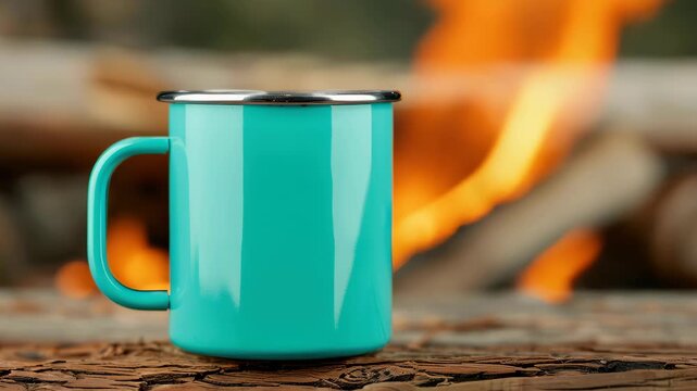 Tranquil Mug by Campfire: A vibrant teal mug sits peacefully on a wooden surface with a soft backdrop of a glowing campfire. evokes a sense of comfort and serenity.