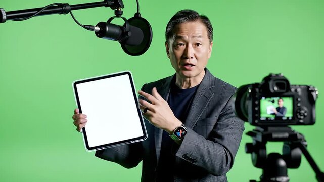Engaging Asian Presenter Holding Tablet in Studio with Green Screen and Professional Camera Setup for Online Streaming or Product Demonstration Creating Dynamic Content.