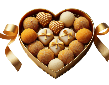 Box of ladoos arranged in a heart shape with golden ribbon, white background