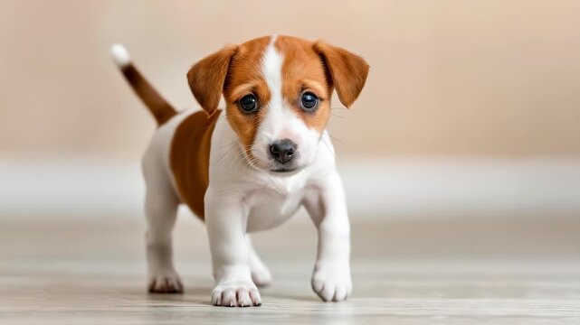 Puppy's First Steps: A charming Jack Russell Terrier puppy takes its first tentative steps, its bright eyes and innocent gaze capturing hearts with its playful charm and undeniable cuteness.