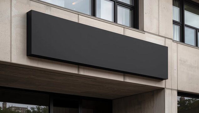 clear signboard banner on a storefront mock up template for business logo and branding. Blank black restaurant or shop signboard copy space mockup.