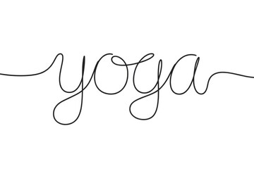 Elegant single-line art spelling 'yoga' in black cursive on a clean white background, representing peace and mindfulness.