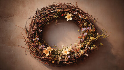 A rustic twig wreath adorned with small, delicate dried flowers in cream and purple hues, hanging against a warm textured wall.