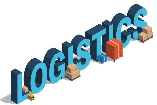 Dynamic 3D blue 'LOGISTICS' text with integrated delivery van, boxes, and containers, illustrating modern supply chain and global transportation.