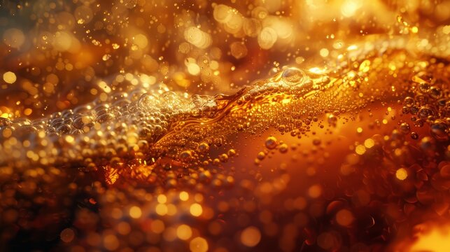 Extreme close-up of a golden carbonated liquid with bubbles. Abstract amber beverage background with sparkling effervescence