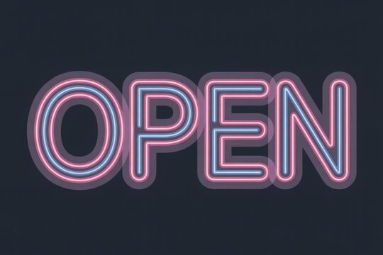 Stylish neon 'OPEN' sign with layered blue, white, and pink glowing outlines against a dark background. Indicates availability for business.