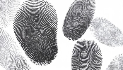 Multiple Black and Grey Fingerprints on White Background for Biometric Identification