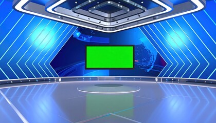 Modern Virtual News Studio with Blue Graphics and Green Screen TV Monitor