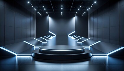 Futuristic empty stage with glowing blue neon lights, a circular podium, and geometric architecture, perfect for product launches and virtual events.