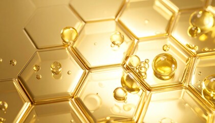 Golden hexagonal background with golden liquid drops. Abstract concept for luxury beauty, cosmetic serum, natural oil, or scientific design.
