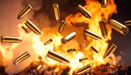 Flying Bullets and Ammunition Against a Dynamic Fiery, Smoky Background