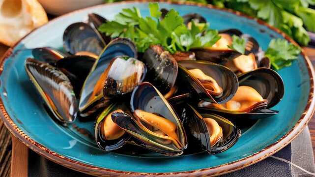Mussel Feast: Freshly steamed mussels artfully arranged on a turquoise plate, garnished with vibrant green herbs. A culinary delight, inviting a sensory journey