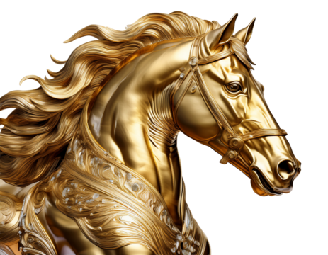 Majestic golden galloping horse statue, white background