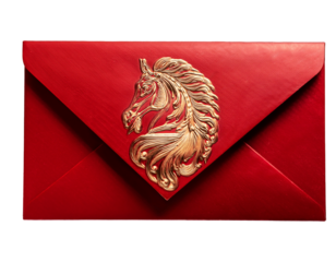 Red envelope featuring embossed golden horse design, white background.